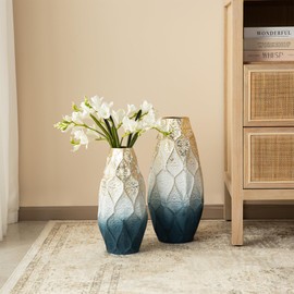 Metal Decorative Vase, Tall Floor Vase, Set of 2 Abstract Ombre Blue & Gold Standing Decor, 19''H/15''H Metal Floor Standing Vases for Home Office Decoration