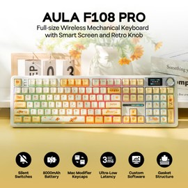 EPOMAKER X Aula F108 PRO Wireless Gaming Keyboard with Screen, 8000mAh Battery, 104 Hot-Swappable and Programmable Keys and Knob, RGB Backlight, for Mac/PC/Android (Grey&Yellow)