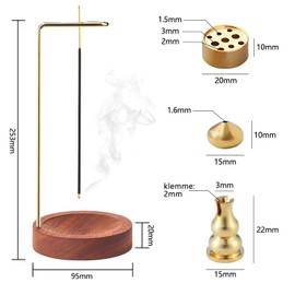 WestCH 4-in-1 Incense Stick Holder, Wood Base Incense Stick Holder with Gold Cone Spool 9 Hole Incense Holder Incense Burner for Yoga Meditation Incense Cones (A)