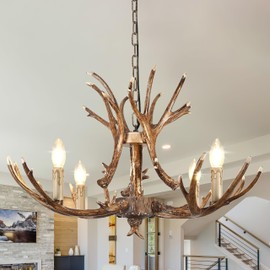 Bagood Brown Antler Chandelier 31.4" Retro Country Style Deer Horn Chandeliers 4-Light Farmhouse Antler Light Fixtures Adjustable Dimmable Resin Deer Antlers Chandelier for Dining Room