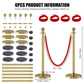 kaiyomi 6Pcs Stanchions Posts with Red Velvet Ropes Set, 5 Feet Crowd Control Barrier Kit for Red Carpet Party Decoration and Ribbon Cutting Ceremony (Golden)