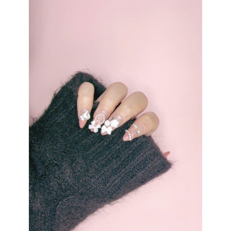 Peach Garden Ribbon Handmade Nail Tips - Short Almond /