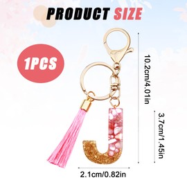 ORUZA Alphabet Initial Letter Keychain, Pink Gold Foil Initial Letter Keyring with Tassel Pendant Resin Letter Key Ring for Women Wallet Purses (J)