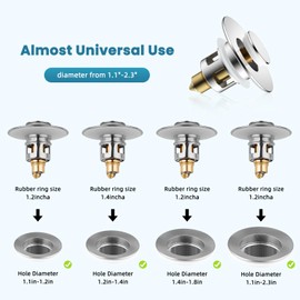 Universal Bathroom Sink Stopper for Standard Drain Holes, All Metal Pop Up Sink Strainer with Bullet Core Push Type Stainless Steel Plug, Polished Chrome
