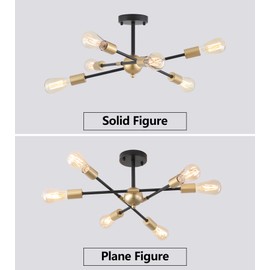 MEIXISUE Modern Semi Flush Mount Ceiling Light Fixture Black and Gold Close to Ceiling Light 6-Light Sputnik Chandelier Light Fixture for Hallway Entryway Bedroom Kitchen Dining Room UL Listed