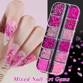 6 Boxes Sparkling Crystal Nail Rhinestones Pearls Kit, 2-6mm Flatback Multicolor Transparent Jelly AB Mermaid Gems with Tweezers and Dual-end Brush for Manicure Salon DIY Crafts (Pink)