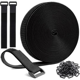 10M Adjustable Cable Straps with 50 Buckles, Reusable Fastening Cable Ties Heavy Duty Nylon Hook and Loop Securing Strap for Organizer or Storage, Black