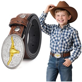 BELTROAD Kids Western Belt for Boys Girls Embossed Cowboy Cowgirl Genuine Leather Kid Western Buckle Belts for Jeans Gifts