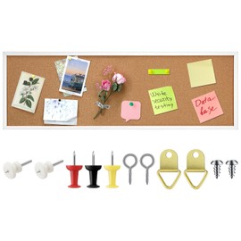 DoubleFill 12'' x 36'' Cork Bulletin Board Framed Corkboard Large Wall Mounted Cork Board with Installation Kit, Push Pins for Home and Office Decor, School Message Board or Vision Board (White)
