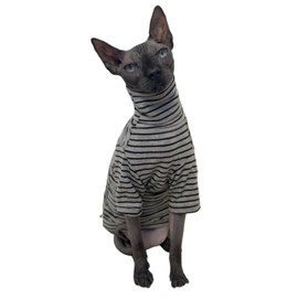 Vintage Stripes Sphynx Hairless Cats Shirt Cotton Cat Turtleneck Pet Clothes Kitten T-Shirts with Sleeves for Sphynx Cornish Rex, Devon Rex, Peterbald (Grey Stripe, Medium (Pack of 1))