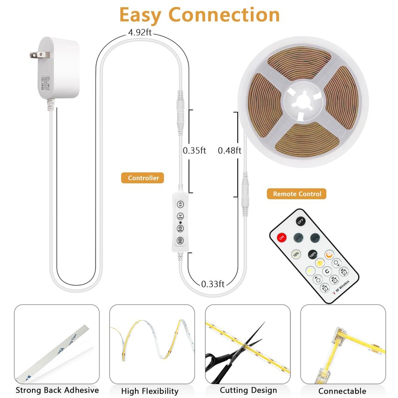 COB LED Strip Light Warm White 3000K, 32.8ft Dimmable Bright