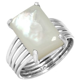 Jeweloporium 925 Sterling Silver Ring for Women White Genuine Mother of Pearl Gemstone Fashion Silver Ring Size R 1/2 Friendship Day Gift Boho Jewelry