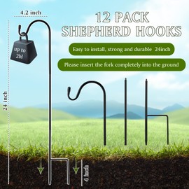 Yetene 12 Pack 24 Inch Adjustable Shepherds Hook for Outdoor Metal Rust Resistant Steel Shepard Hooks for Bird Stand Feeder Pole, Weddings Decor, Garden Plant Basket, Outside Hanging Solar Lights