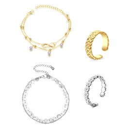 Funseedrr 4-5 Pieces Toe Ring Ankle Chain Set Stainless Steel Open Finger Rings Adjustable Foot Ring Anklet Foot Jewellery, Stainless Steel