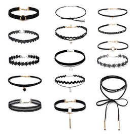 15 Pcs Choker Necklace Set, Adjustable Lace Collarbone Chain Chokers, Gothic Collar Lace Velvet Chocker Necklaces Set 90s Accessories for Women