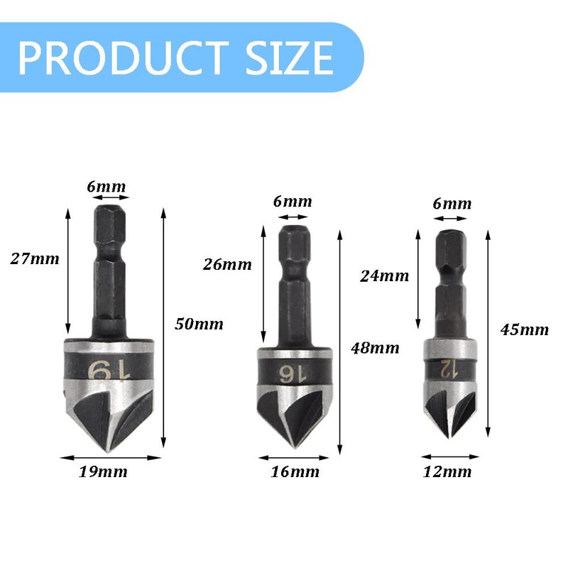 Hocansen 3 Piece Hex Countersink Drill Bit Set 5 Flutes