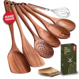 8 Pcs Teak Wooden Utensil Set with Rest – Premium Wooden Cooking Utensils Set, Natural Kitchen Utensils & Spoons for Cooking, for Any Cook - Wooden Spoons for Cooking with Wood Spatulas