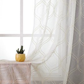 VISIONTEX 2 Pieces Moroccan Trellis Embroiderd White Sheer Curtains, Euro Style Faux Linen Rod Pocket, Voile Tulle Semi Window Treatment Drapes for Window Door and Bathroom, 54" x 72", Beige