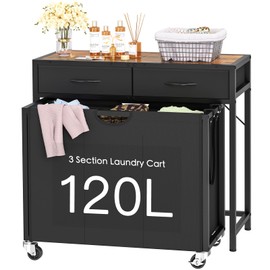 FGNTWP Laundry Sorter, Rolling Laundry Hamper with 3 Section Pull-Out Bags, Laundry Basket Organizer with 2 Drawers & 2-Tone Top Panel, Laundry Hamper with Wheels for Laundry Room Organization, Bathroom