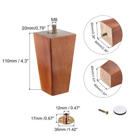 sourcing map Furniture Legs, 4.3 Inch(110mm) Set of 4 Square Solid Wood Couch Legs Chair Table Feet Sofa Support Replacement Parts, with Accessories, Brown