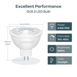 Linkind MR16 LED Bulb Dimmable, GU5.3 Bi-Pin Base MR16 LED Bulbs, 6.5W (70W Equivalent) 5000K Daylight 640lm 40 Degree Beam Angle for Spot Lights, Recessed, Tracking Lights, 12V, 6 Packs