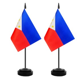 TrendPow 2 Pack Philippine Desk Flag, Philippine Table Office Flags, Small Miniature Desktop Flag With 12"" Solid Black Pole and Black Base, Classroom, Offices Meeting Desk Decoration (Philippine)