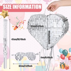 Small Heart Piñata Heart Silver Foil Piñata with Stick for Wedding Disco Retro Party Decoration Supplies Blindfold Bridal Baby Shower Festive Fiesta (14.2 x 11.8 Inch) (Retro Style)