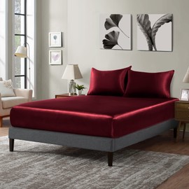 P Pothuiny Satin Fitted Sheet Full Size, 1 Single Fitted Sheet Only, Extra Soft Deep Pocket Bottom Bed Sheets Mattress Cover Fits 12" to 16", Wrinkle Free, Fully Elasticized (Burgundy)
