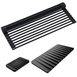 Kraus Roll Up Dish Drying Rack with Self-Draining Silicone Dish Drying Mat and Silicone Soap Dish Holder in Black, KDM-KRM-10BL