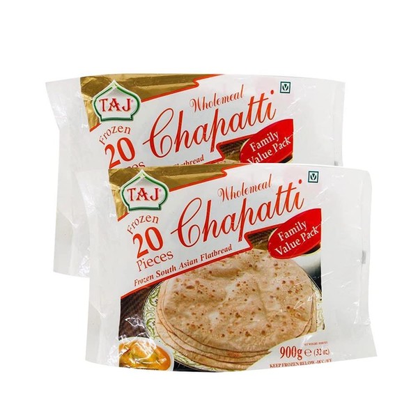 Taj Chappathi Family Pack | Wholemeal Chapatti | Frozen 20 Pieces | Frozen South Asian Flatbread | Indian Origin | 900G (Pack of 2)