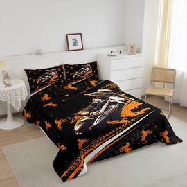 Feelyou Dirt Bike Comforter Set Twin Size Kids Racing Motocross Rider Comforter for Boys Teens Extreme Sports Bedding Set Breathable Orange Black Duvet Set Room Decor Motorcycle Quilt Set