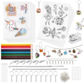 Shrink Plastic Craft Kit, Make Your Own Keychain Charms with Shrinky Sheets, Shrink Art Paper Kit Include Shrink Paper, Hole Punch, Keychains Accessories and Pencils