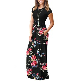 MISFAY Women Short Sleeve Loose Plain Maxi Dresses Casual Long Dresses Pockets(Rose Black,M)