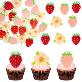 Gyufise 60Pcs Edible Strawberry Cupcake Toppers Wafer Paper Strawberry Flower Bridal Engagement Baby Shower Birthday Party Cupcake Picks Anniversary Party Decorations Supplies Multicolor