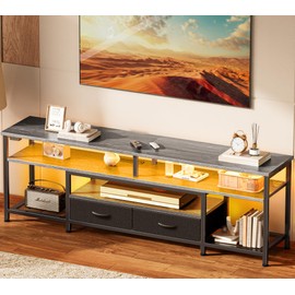 Huuger TV Stand for 65 70 Inch TV, Entertainment Center with Power Outlets and LED Lights, TV Console for Living Room, Media Console with Drawers and Shelves, Grey