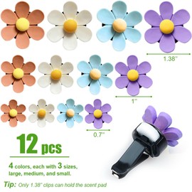 WSSROGY 12 Pcs Flower Air Vent Clip Car Air Outlet Clip Car Air Conditioning Clip Charm with 12 Pcs Refill Tablets for Car Inter Decor (3 Size, Purple, White, Brown, Blue)