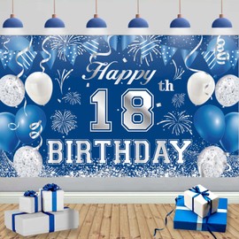 18th Birthday Party Decorations Boys, 18th Blue Silver Birthday Backdrop Banner Photo Booth Sign Decoration, Large Eighteenth Birthday Banner Background for 18th Birthday Anniversary Party Supplies