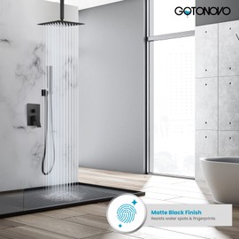 gotonovo Ceiling Mount Shower Faucet Set Matte Black 12 Inch Square Showerhead Bathroom Rainfall Shower System Stainless Steel Shower Trim Kit 2 in 1 Cylindrical Handheld shower with Rough-in Valve