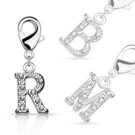 Bungsa Letter Pendant, Silver, with Crystal, Small Charms for Charm Bracelet/Necklace/Earrings, for Women/Children/Men, Letters A, B, C, D, E, F, G, H, I, J, K, L, M, N, O, P, R, S, T, U, V, W or Z,