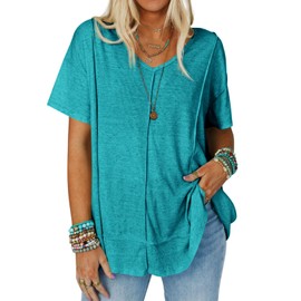 Tankaneo Womens Oversized Tshirts Knit V Neck Short Sleeve Tunic Tops Summer Casual Loose Fit Tee Shirts Lake Blue