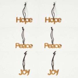 HOMESCAPES Gold Christmas Decorations Set of 3 Metal Xmas Hanging Ornaments Hope Joy Peace – Christmas Tree Bauble Set with Brass Coating and Leather Strings