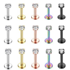 15Pcs 16G Hypoallergenic Stainless Steel Lip Studs Labret Piercing with 3mm CZ Cartilage Tragus Helix Monroe Piercing Stud Jewelry 6mm 8mm 10mm
