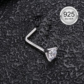 Thunaraz 925 Sterling Silver Nose Studs, 20G L Shaped Nose Rings, Simulated Diamond CZ Hypoallergenic Nose Piercings for Women Men 3MM