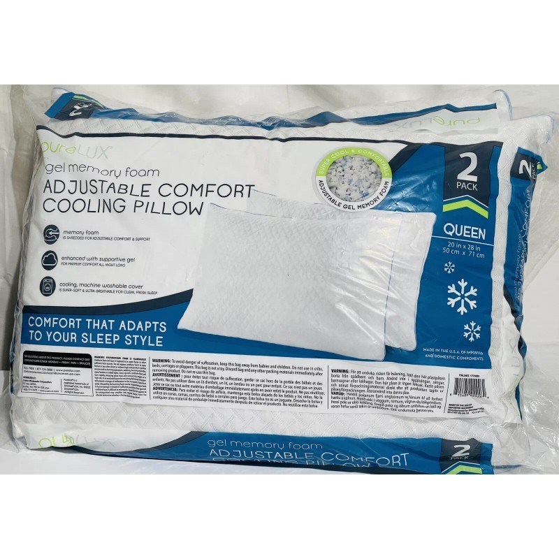 PureLUX Gel Memory Foam Adjustable Comfort Pillow Queen 2 Pack