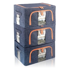 Tasmegol 3 Pack 22L Stackable Clear Window Clothes Storage Bins Box Foldable Frame Closet Organizer Large Capacity Linen Fabric Containers Bags for Bedding Quilt…