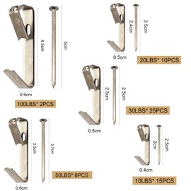 Silver 60 Set Picture Hangers Photo Frame Hanging Hooks Kit, Mixed 10lb 20lb 30lb 50lb 100lb Picture Hanger Hook with Nails for Hanging Artwork Picture