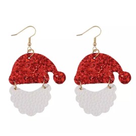 Fashion Jewelry Faux Leather Christmas Santa Hat and Beard Dangle Earrings