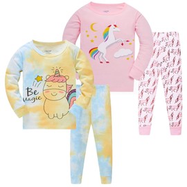 LOLPIP Girls' Pyjamas 100% Cotton Pyjamas for Children Sleepwear Long Sleeve 4-Piece Set 1-12 Years, Pink unicorn + yellow tie colour
