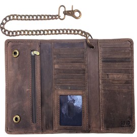 IBRO Motorcycle Chain Wallet for Men – 100% Natural Genuine Leather, Long Trifold RFID Blocking, Credit Card Money Organizer - Men’s Trucker Biker Metal Chain Wallets Vintage Chain Crazy Horse Brown