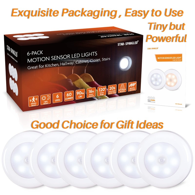 STAR-SPANGLED 6 Pack 2.8” Motion Sensor Lights Indoor AAA Battery